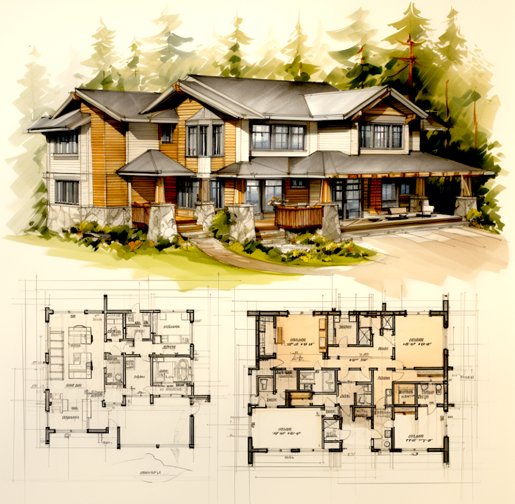 Drawing of a large house, along with floor plans. Image produced using Midjourney