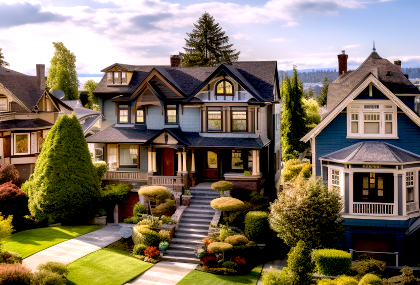 Large houses in an older neighborhood. Image produced using Midjourney