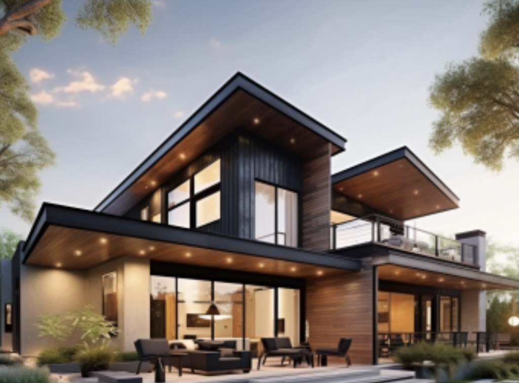 Image of a beautiful modern house. Image produced using Midjourney